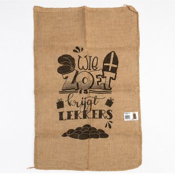SAC MARE DIN IUTĂ SINTERKLAAS - CU TEXT: WIE ZOET IS KRIJGT LEKKERS - Aprox. 60 x 100 Cm (1 buc.)