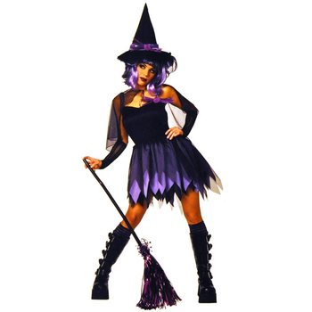 COSTUM DE VRĂJITOARE NEGRU/VIOLET PENTRU COPII - MĂRIMEA 164