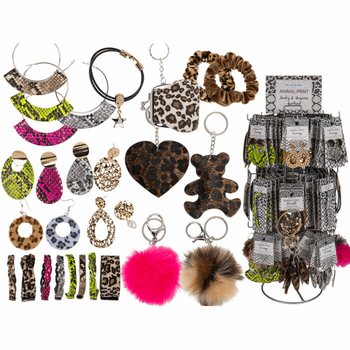 **MEGA IEFTIN** EXPOZITOR ROTATIV COMPLET CU BIJUTERII ȘI ACCESORII ANIMAL PRINT (180 buc.)
