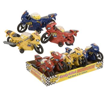 Motociclete de jucărie umplute cu dulciuri în display (6 buc.)