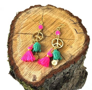 Cercei fucsia / verde Buddha (1 buc)