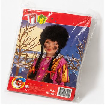 Perucă Piet pentru copii cu bucle negre și 2 codițe &icirc;mpletite (1 buc.)