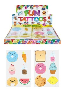 Tatuaje Temporare Amuzante - Model: Fețe de M&acirc;ncare (Display 48 buc., 12 Tatuaje per pachet)